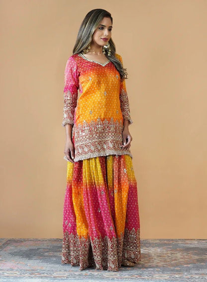 “Chinon Silk Ensemble with Mirror Work & Sequins: Elegant Top, Plazo, and Dupatta Set”