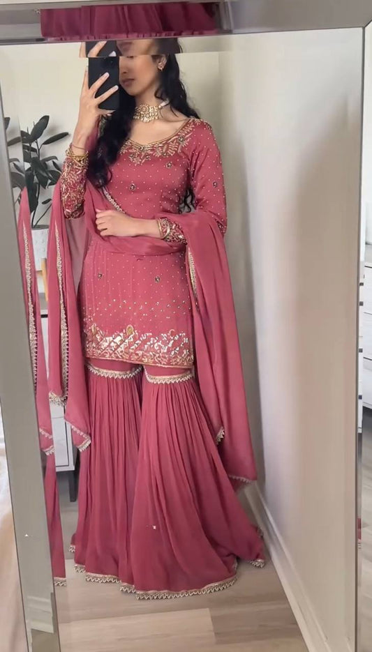 "Elegant Gold Crush Embroidered Top with Plazzo and Dupatta Set"