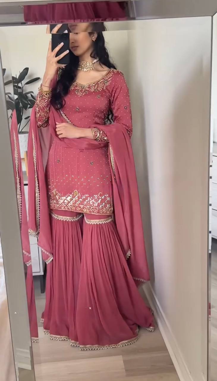 "Opulent Gold Crush Embroidered Top & Plazzo Set with Beads and Lace Dupatta"