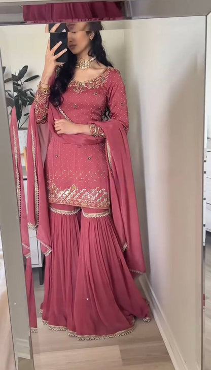 "Opulent Gold Crush Embroidered Top & Plazzo Set with Beads and Lace Dupatta"