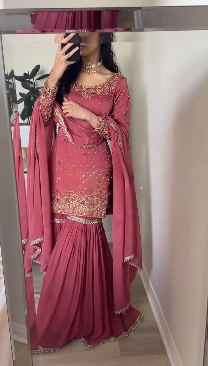 "Elegant Gold Crush Embroidered Top with Plazzo and Dupatta Set"
