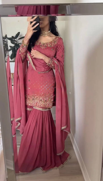 "Opulent Gold Crush Embroidered Top & Plazzo Set with Beads and Lace Dupatta"