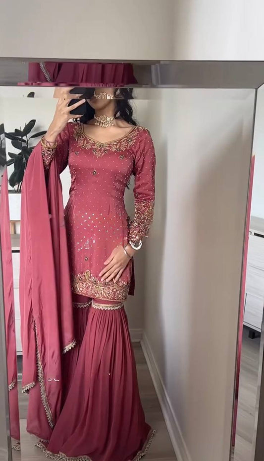 "Opulent Gold Crush Embroidered Top & Plazzo Set with Beads and Lace Dupatta"