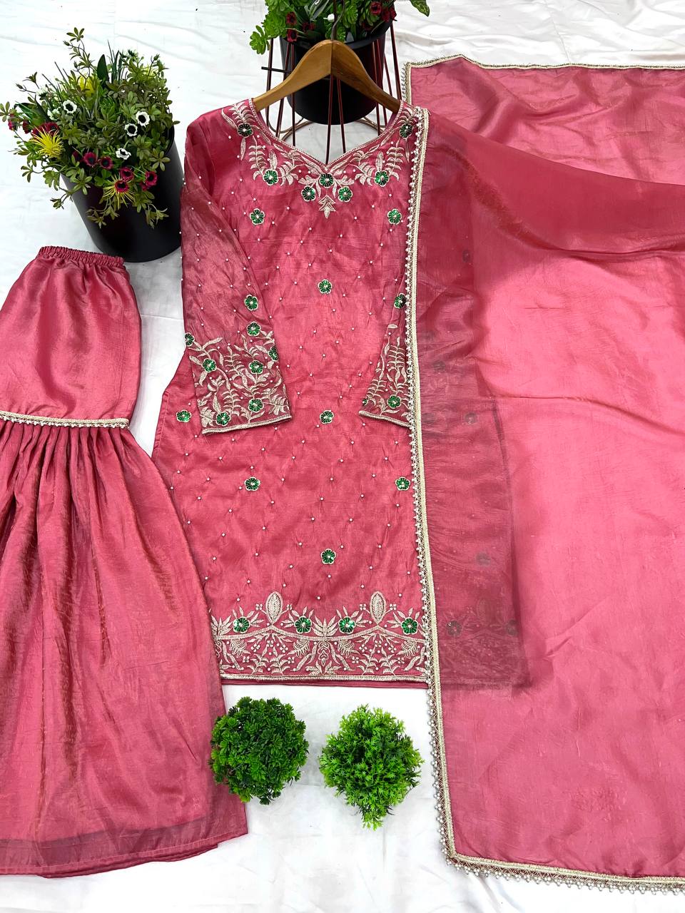 "Elegant Gold Crush Embroidered Top with Plazzo and Dupatta Set"