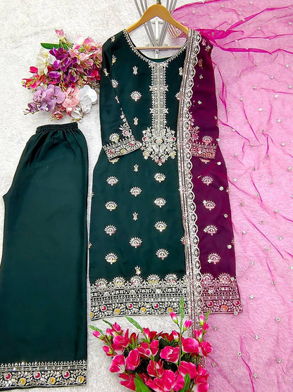 "Luxurious Vichitra Silk Embroidered Top, Plazzo & Dupatta Set"