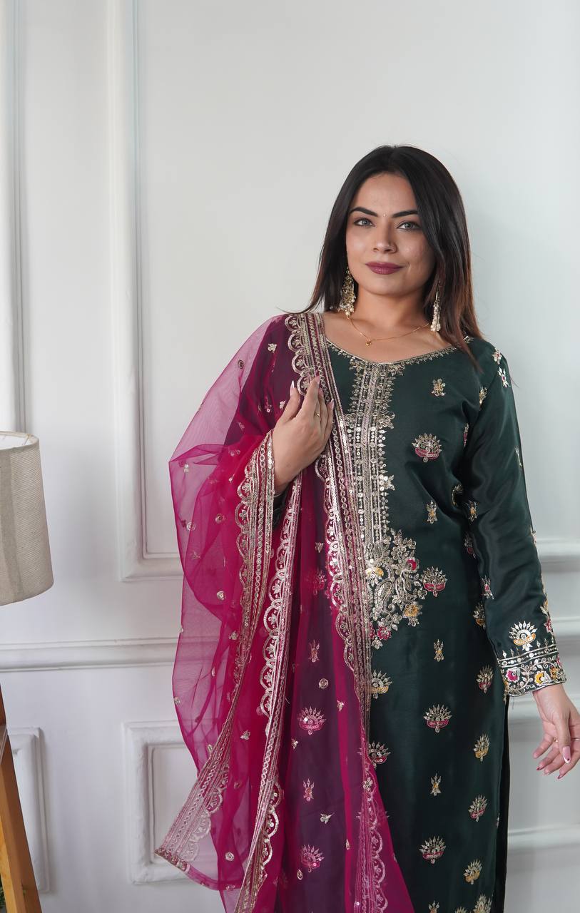 "Luxurious Vichitra Silk Embroidered Top, Plazzo & Dupatta Set"