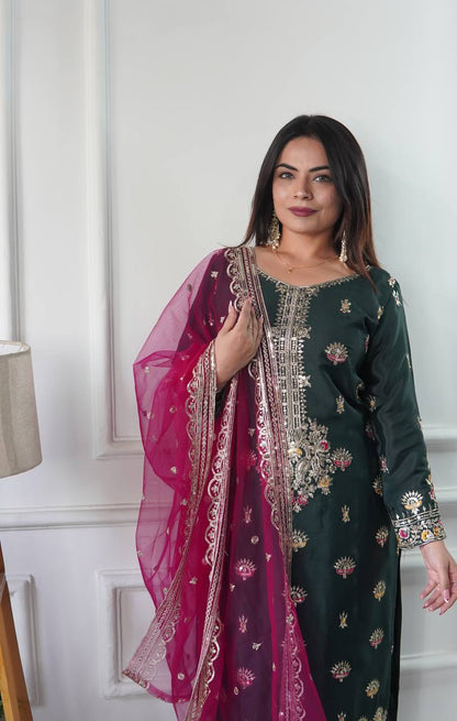 "Luxurious Vichitra Silk Embroidered Top, Plazzo & Dupatta Set"