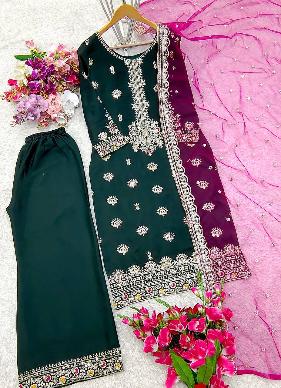"Luxurious Vichitra Silk Embroidered Top, Plazzo & Dupatta Set"