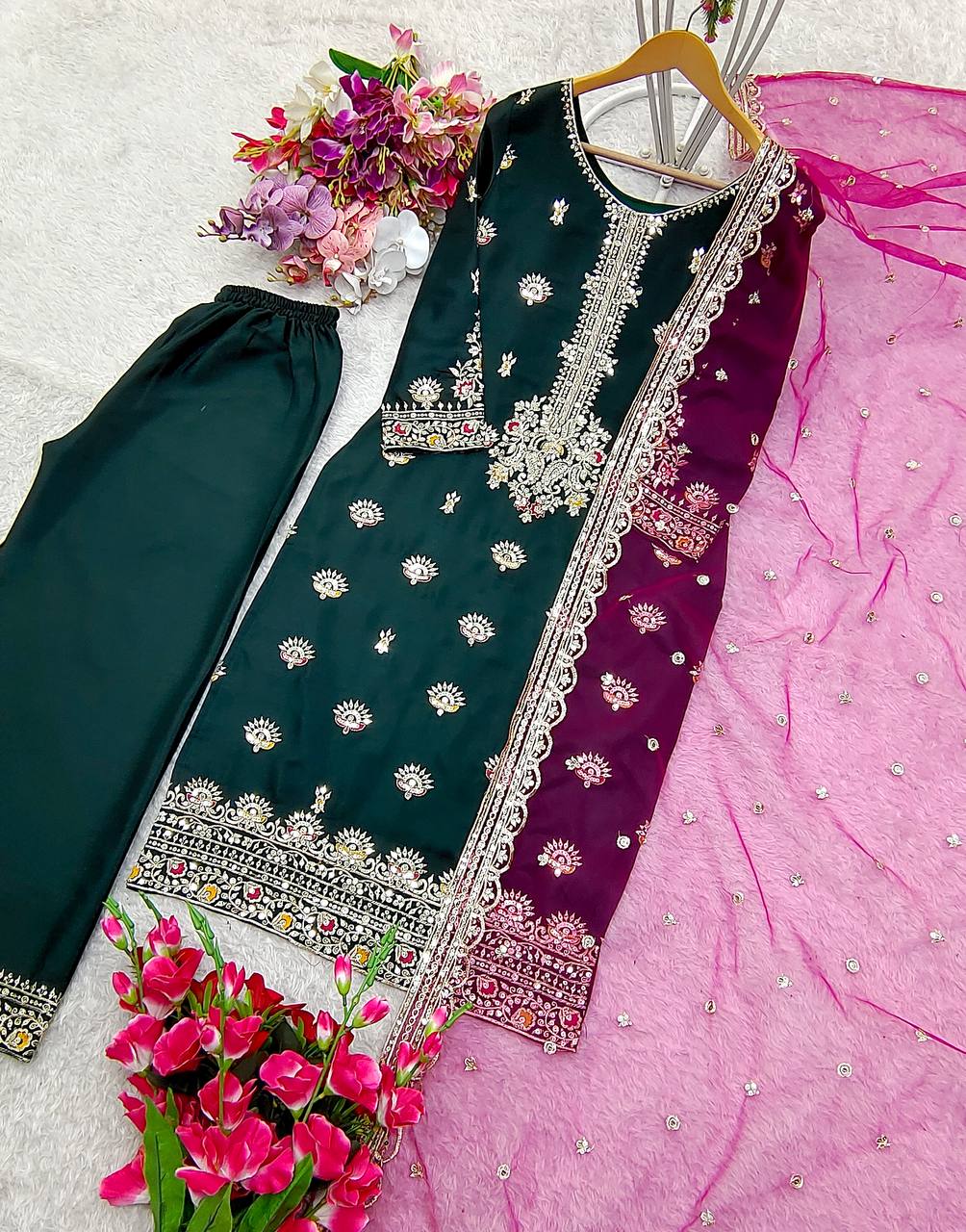 "Luxurious Vichitra Silk Embroidered Top, Plazzo & Dupatta Set"