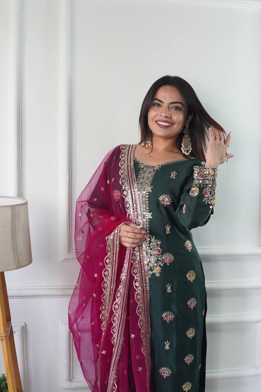 "Luxurious Vichitra Silk Embroidered Top, Plazzo & Dupatta Set"