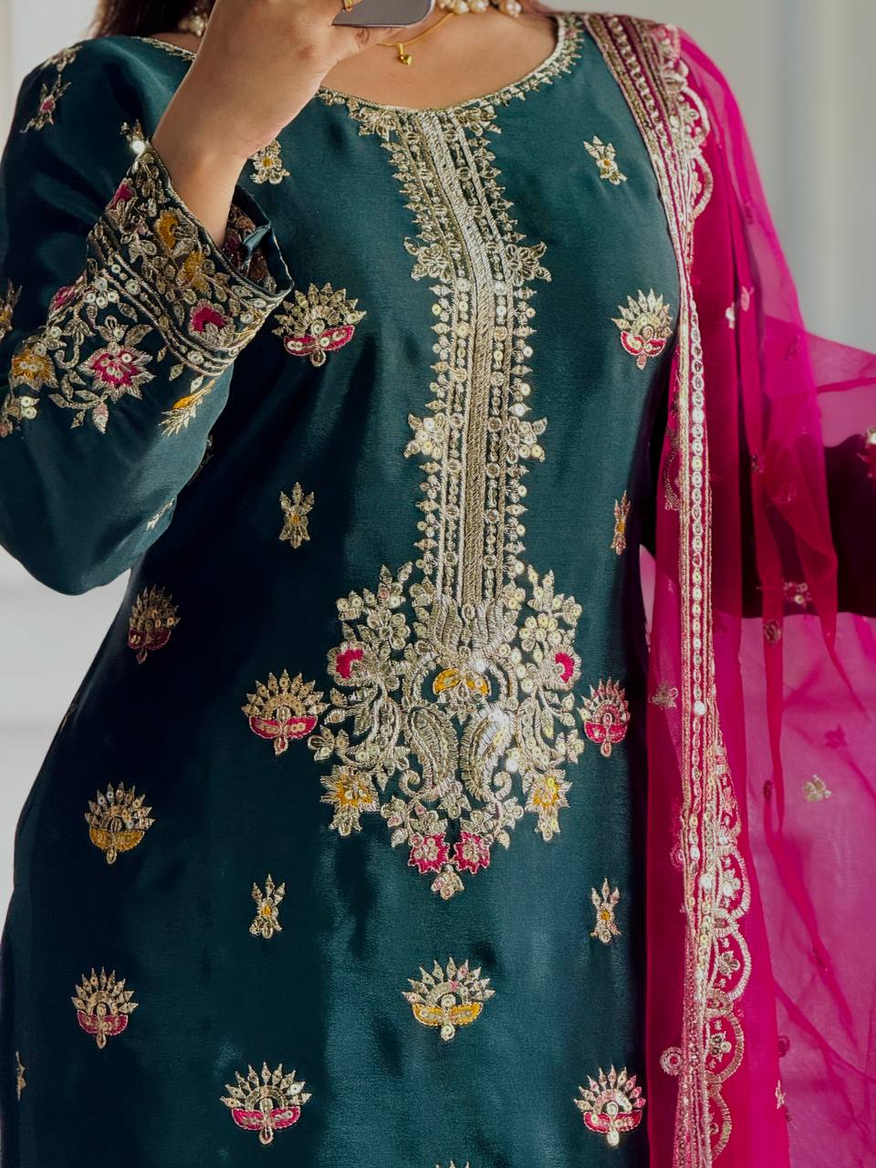 "Luxurious Vichitra Silk Embroidered Top, Plazzo & Dupatta Set"