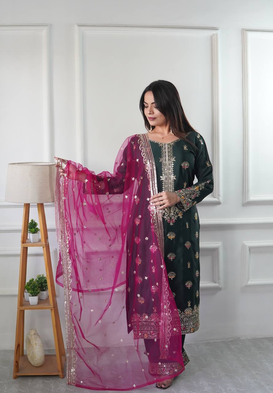 "Luxurious Vichitra Silk Embroidered Top, Plazzo & Dupatta Set"