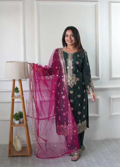 "Luxurious Vichitra Silk Embroidered Top, Plazzo & Dupatta Set"