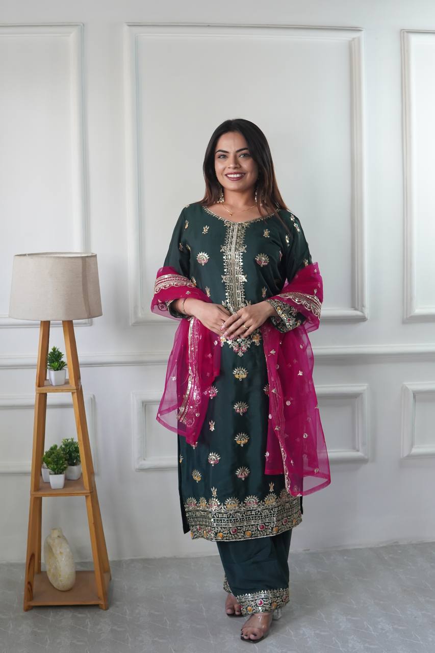 "Luxurious Vichitra Silk Embroidered Top, Plazzo & Dupatta Set"