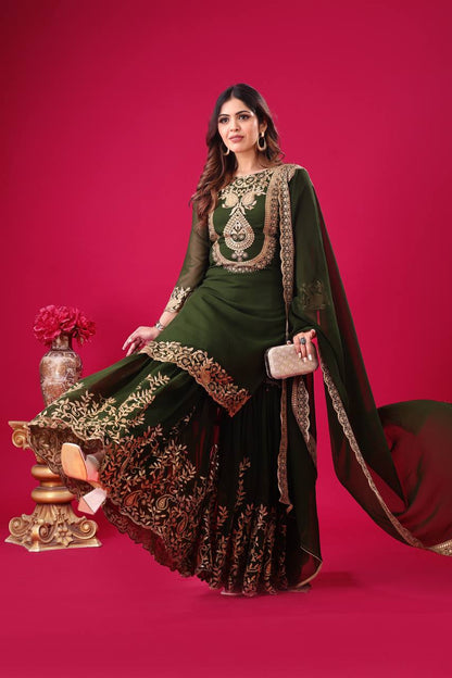 "Elegant Faux Georgette Embroidered Outfit with Plazzo and Dupatta"