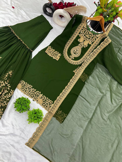 "Elegant Faux Georgette Embroidered Outfit with Plazzo and Dupatta"