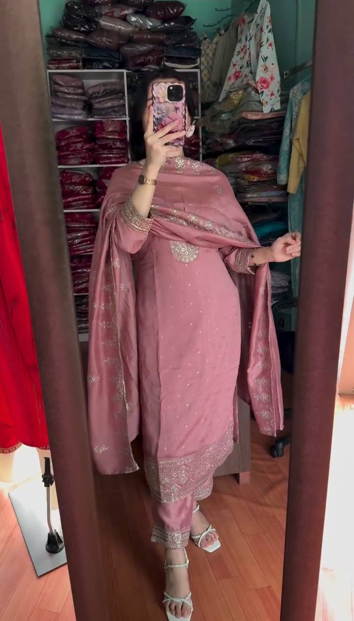 Elegant Chinnon Silk Embroidered Top & Pant Set with Dupatta