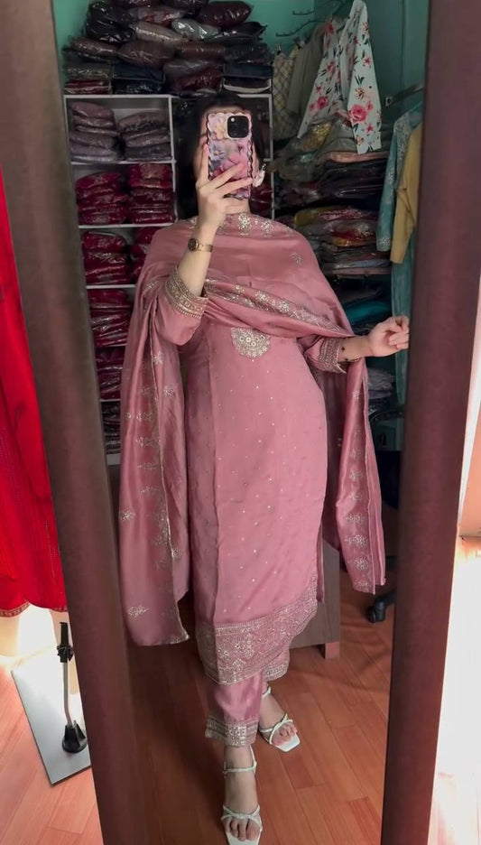 Elegant Chinnon Silk Embroidered Top & Pant Set with Dupatta