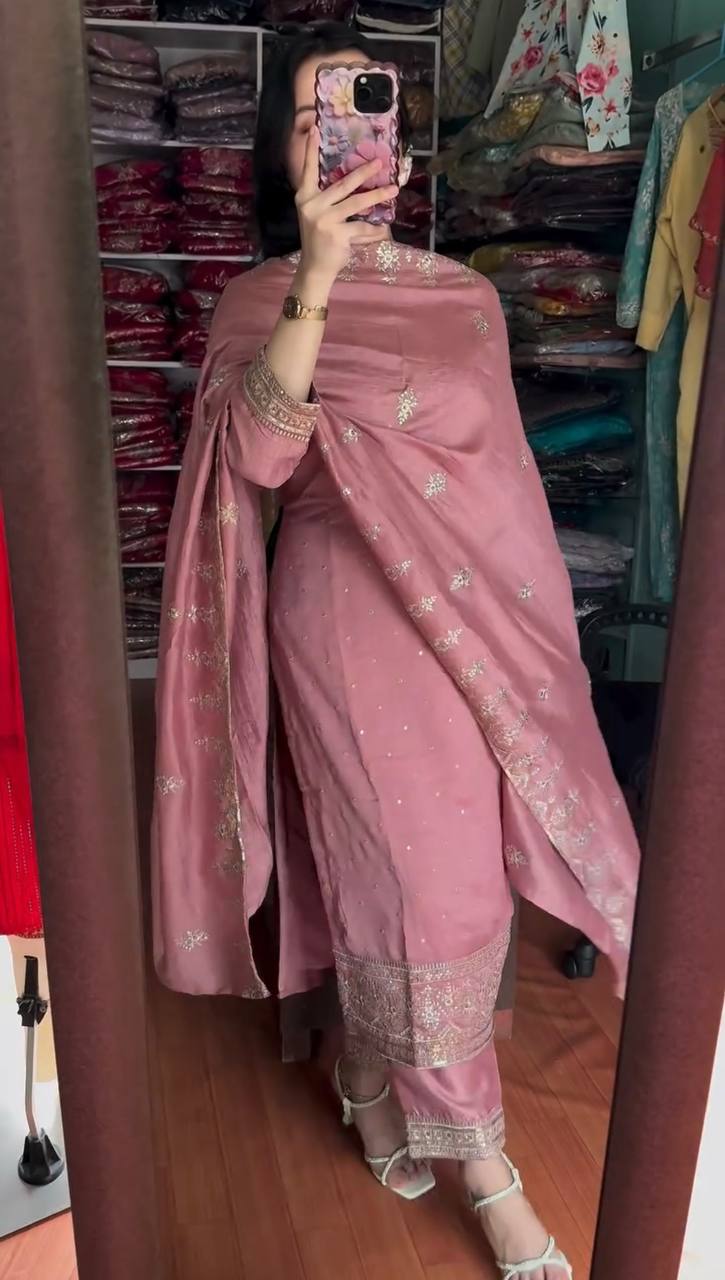 Elegant Chinnon Silk Embroidered Top & Pant Set with Dupatta