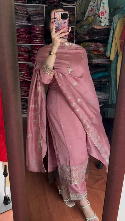 Elegant Chinnon Silk Embroidered Top & Pant Set with Dupatta