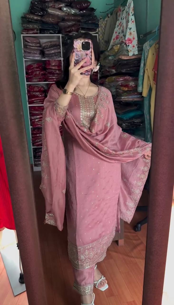 Elegant Chinnon Silk Embroidered Top & Pant Set with Dupatta