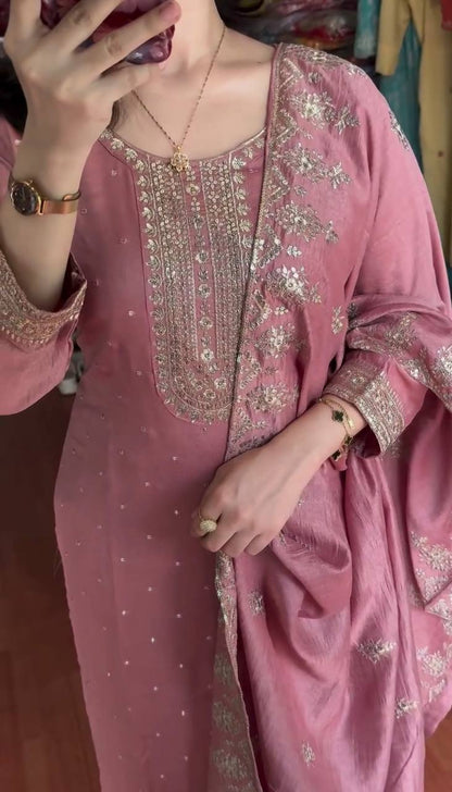 Elegant Chinnon Silk Embroidered Top & Pant Set with Dupatta