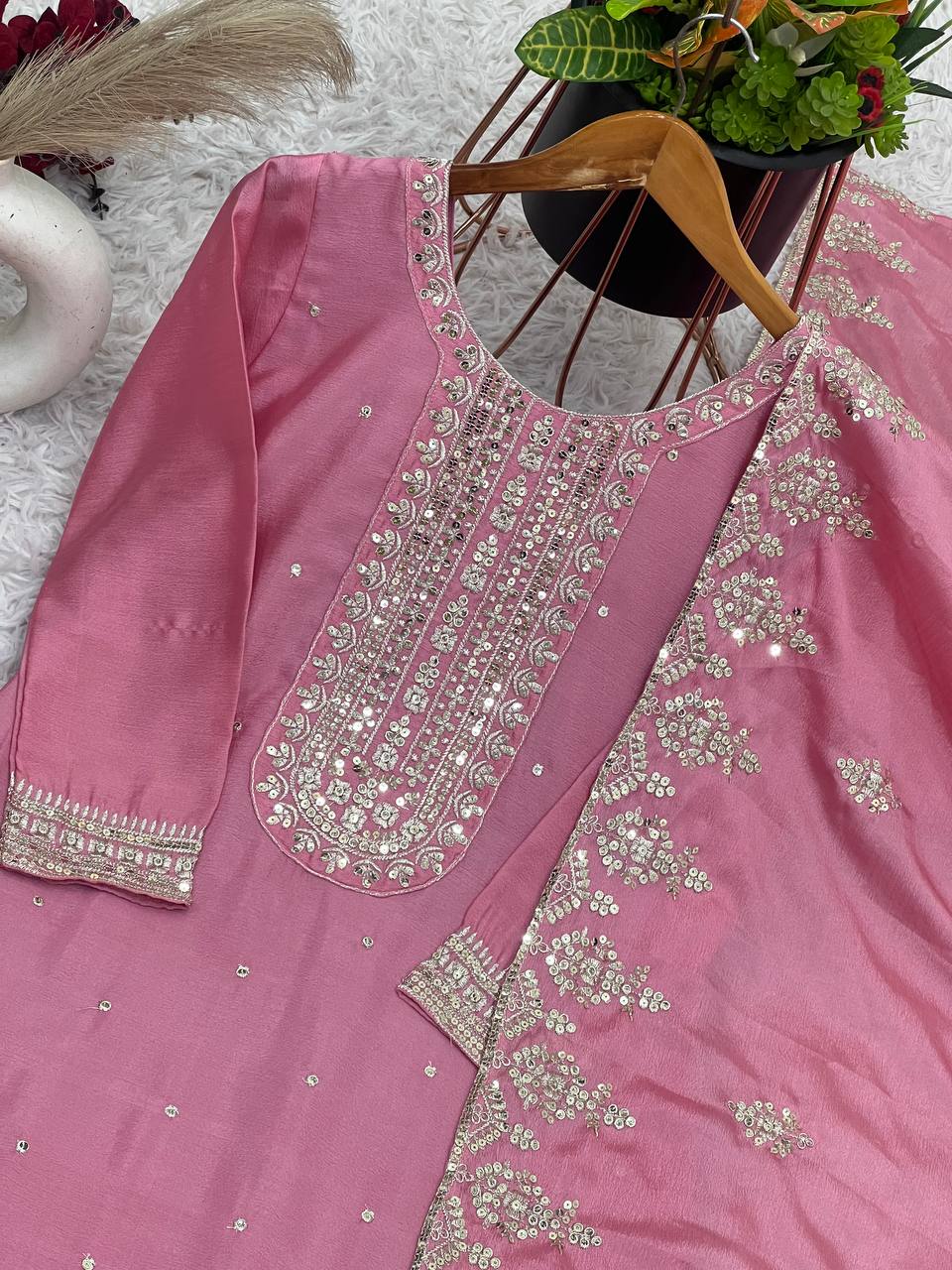 Elegant Chinnon Silk Embroidered Top & Pant Set with Dupatta