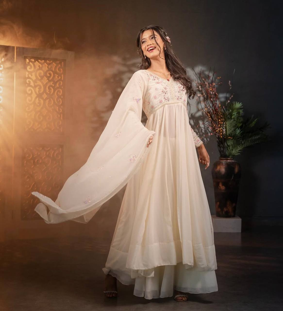 "Elegant GWON Set: Pure Fox Georgette with Heavy Embroidery and Full Stitch Details"