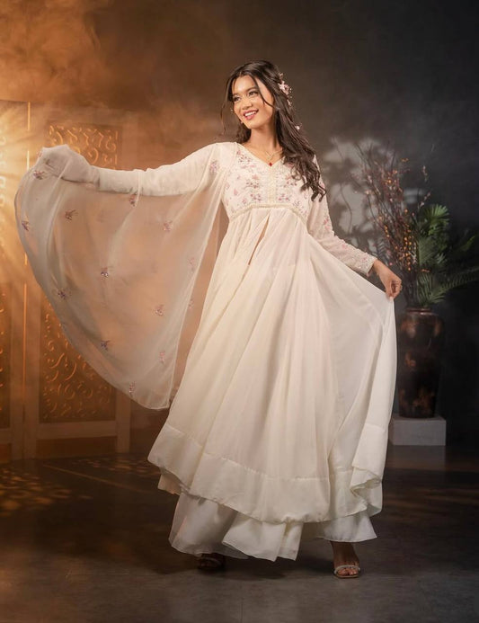"Elegant GWON Set: Pure Fox Georgette with Heavy Embroidery and Full Stitch Details"