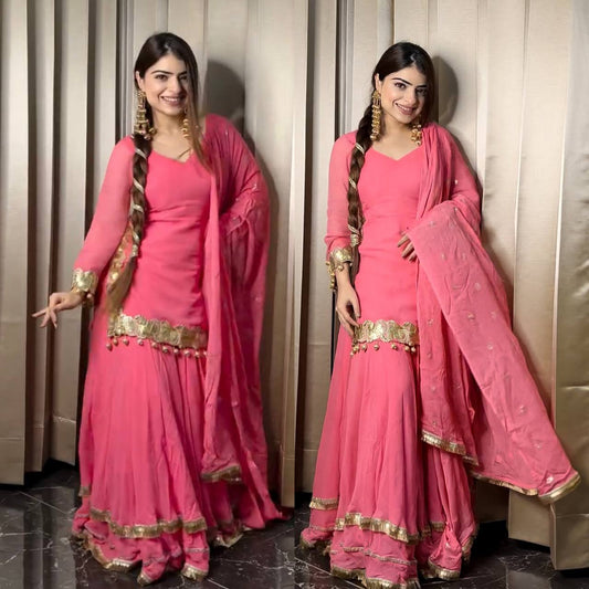 "Elegant Heavy Chinnon Silk Embroidered Top & Sharara Set with Dupatta"