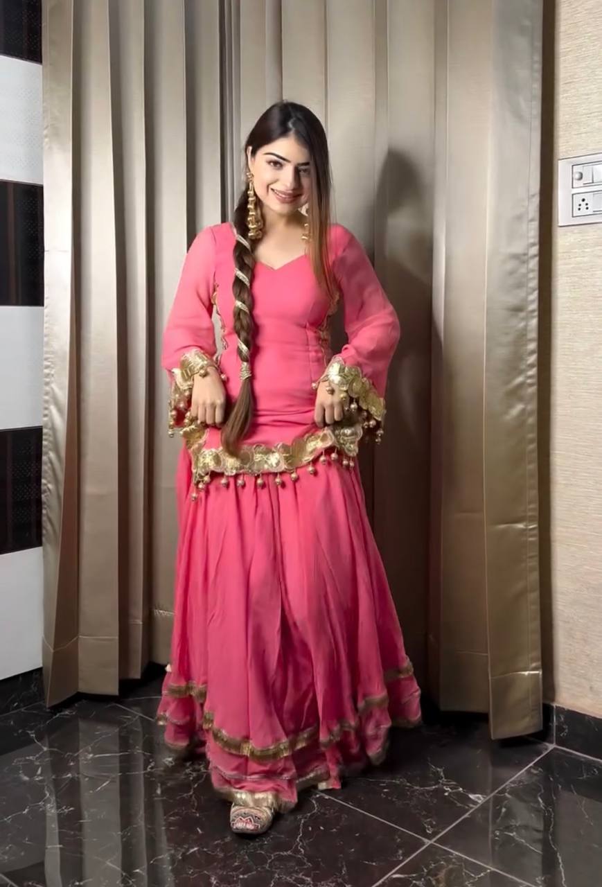 "Elegant Heavy Chinnon Silk Embroidered Top & Sharara Set with Dupatta"