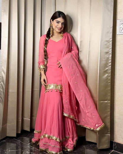 "Elegant Heavy Chinnon Silk Embroidered Top & Sharara Set with Dupatta"