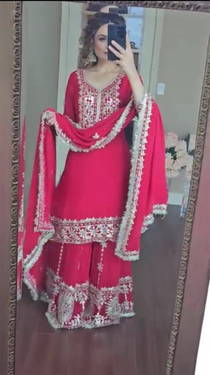 "Embroidered Elegance: Heavy Faux Georgette Top with Sharara Plazo & Matching Dupatta"