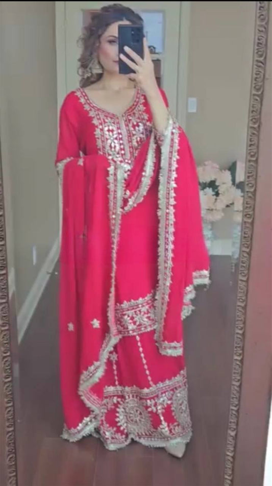 "Embroidered Elegance: Heavy Faux Georgette Top with Sharara Plazo & Matching Dupatta"