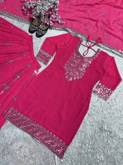 "Embroidered Elegance: Heavy Faux Georgette Top with Sharara Plazo & Matching Dupatta"