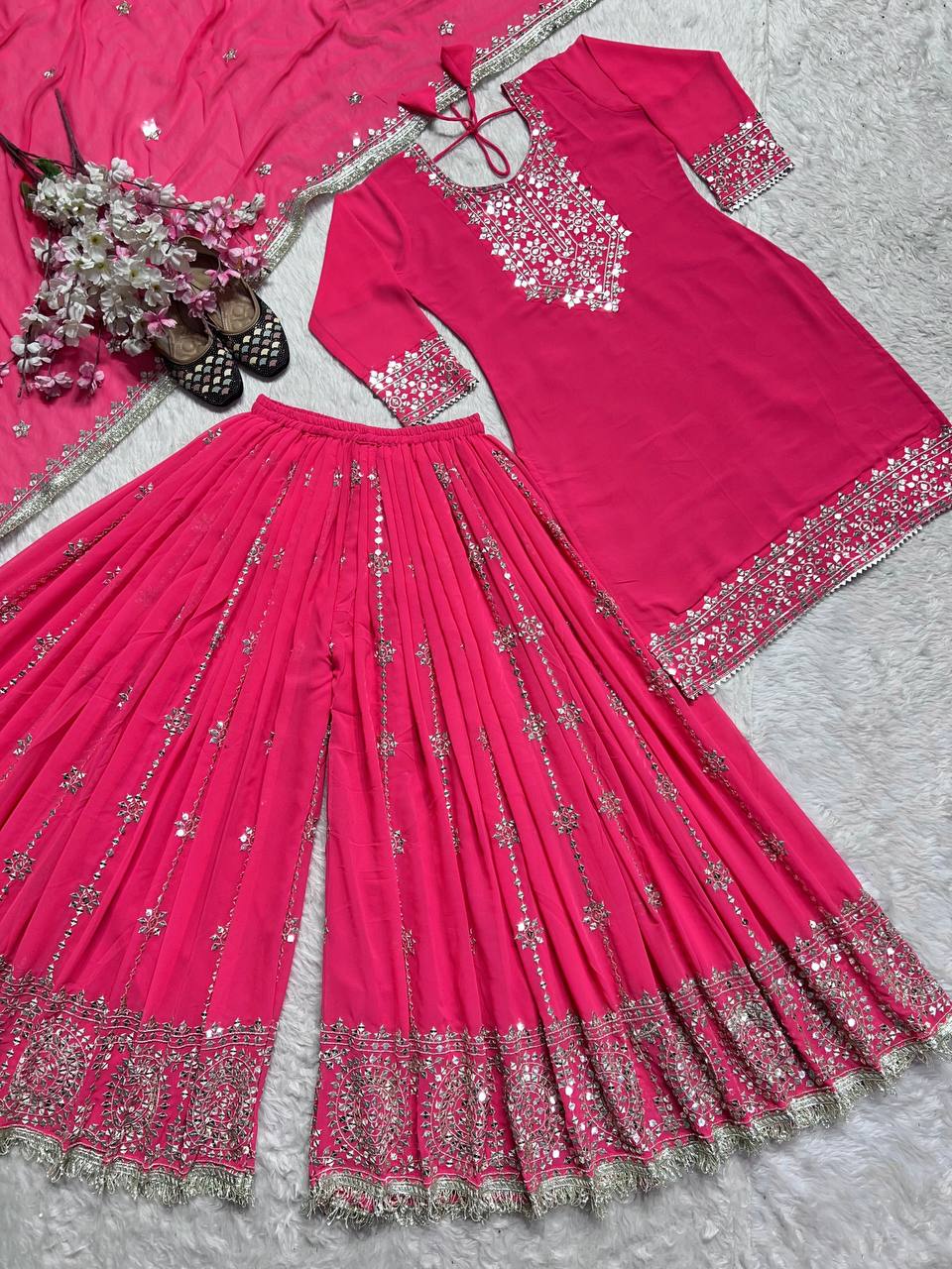 "Embroidered Elegance: Heavy Faux Georgette Top with Sharara Plazo & Matching Dupatta"