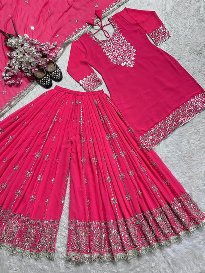 "Embroidered Elegance: Heavy Faux Georgette Top with Sharara Plazo & Matching Dupatta"