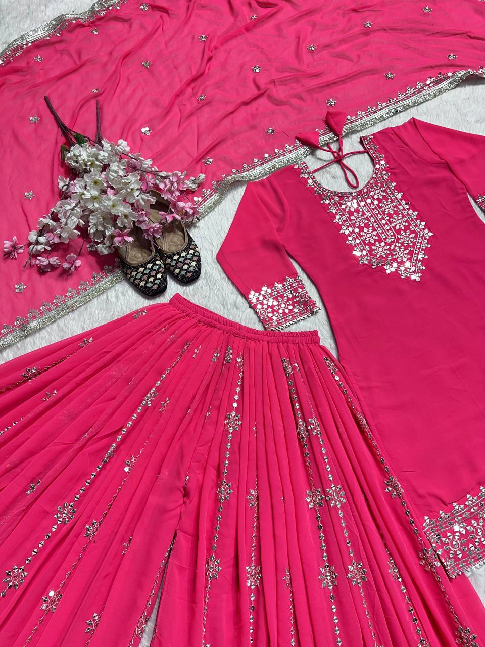 "Embroidered Elegance: Heavy Faux Georgette Top with Sharara Plazo & Matching Dupatta"
