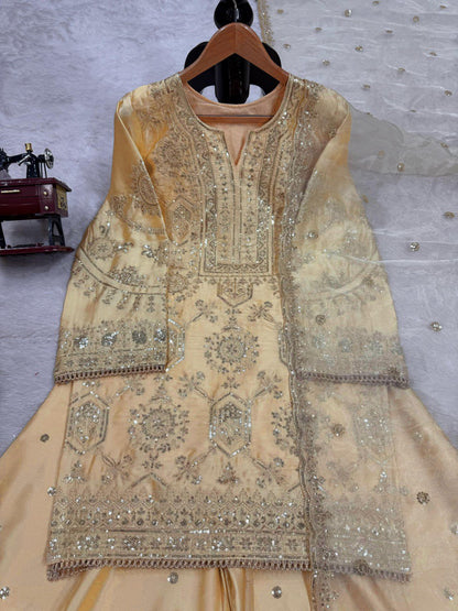 "Elegant Chinon Silk Ensemble with Thread & Sequence Work"