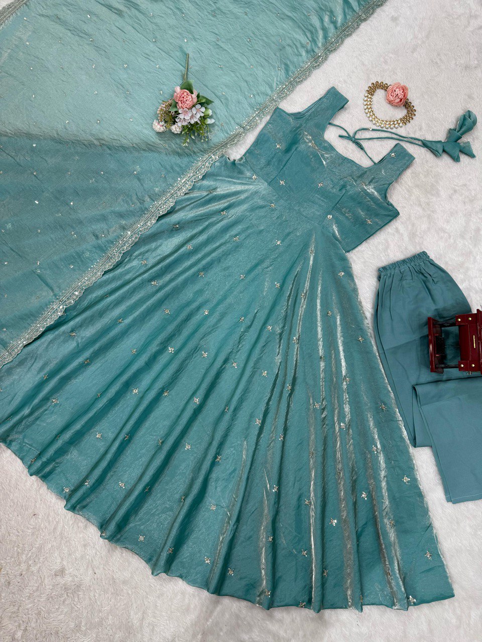 "Elegant Fandy Silk Ensemble with Thread & Sequence Work"