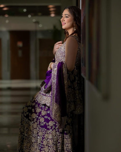 "Elegant Thread-Work Foux Georgette Sharara Set with Sequins and Lace Detailing"