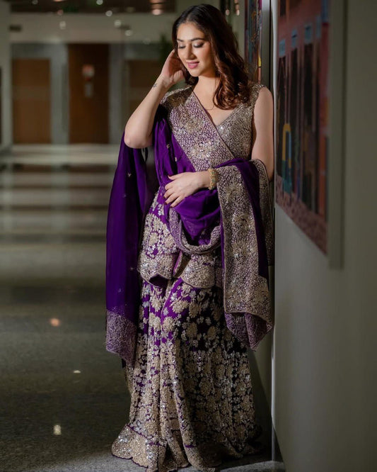"Elegant Thread-Work Foux Georgette Sharara Set with Sequins and Lace Detailing"