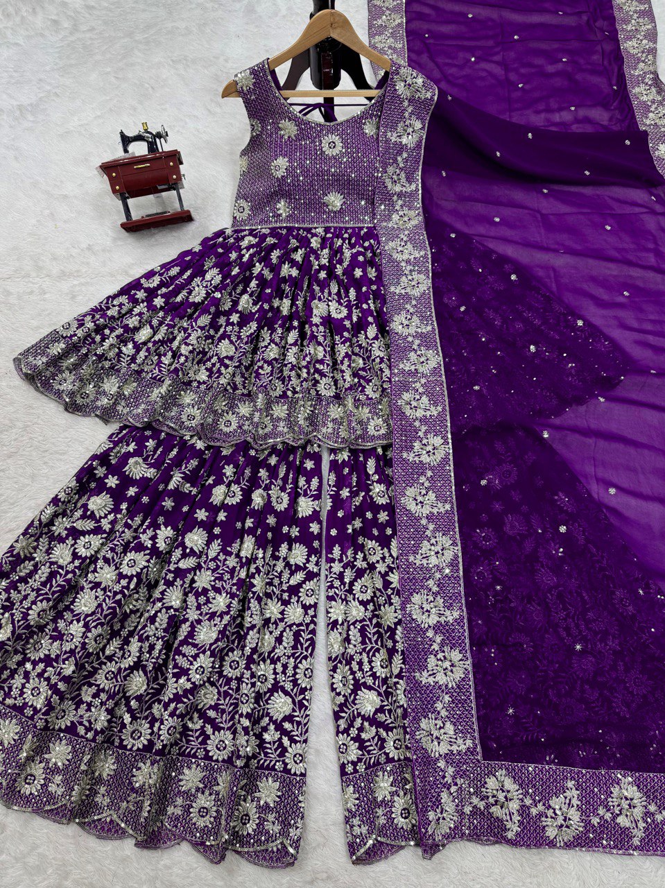 "Elegant Thread-Work Foux Georgette Sharara Set with Sequins and Lace Detailing"