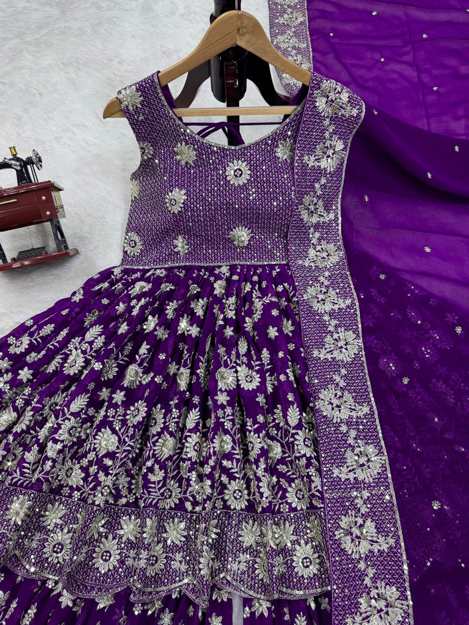 "Elegant Thread-Work Foux Georgette Sharara Set with Sequins and Lace Detailing"