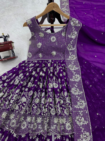 "Elegant Thread-Work Foux Georgette Sharara Set with Sequins and Lace Detailing"