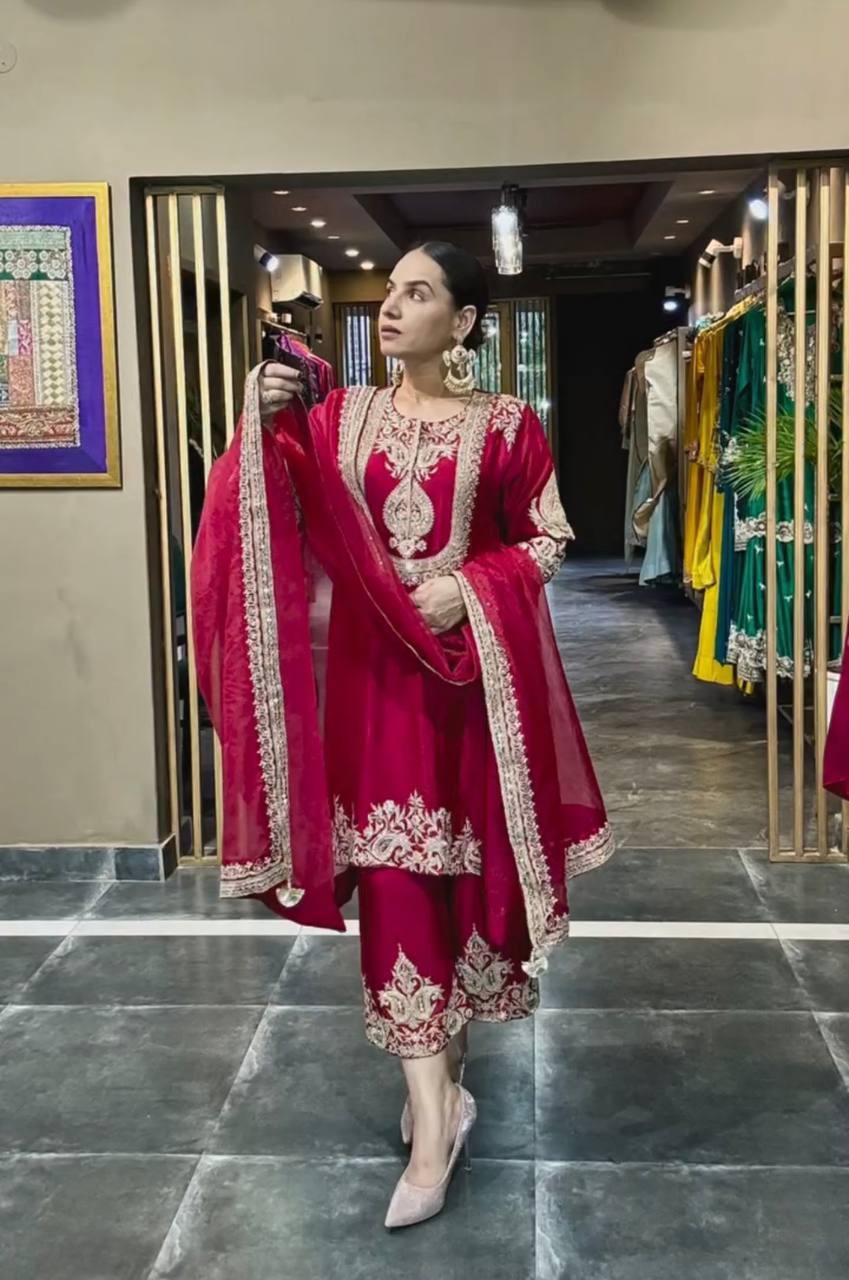 "Elegant Heavy Chinnon Silk Set with Intricate Embroidery & Coding Sequence Work"