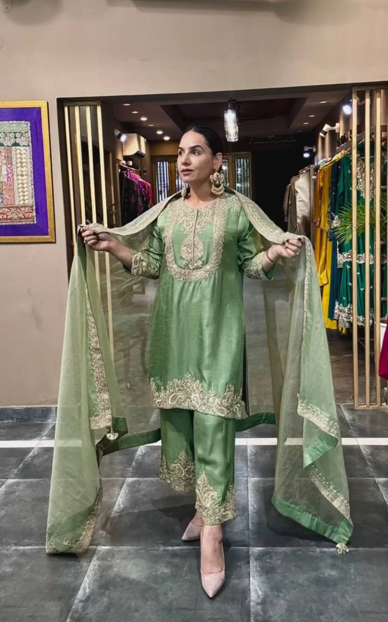 "Elegant Heavy Chinnon Silk Set with Intricate Embroidery & Coding Sequence Work"
