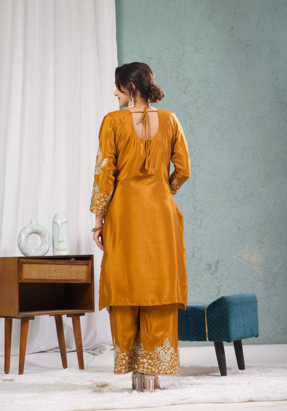 "Elegant Heavy Chinnon Silk Set with Intricate Embroidery & Coding Sequence Work"