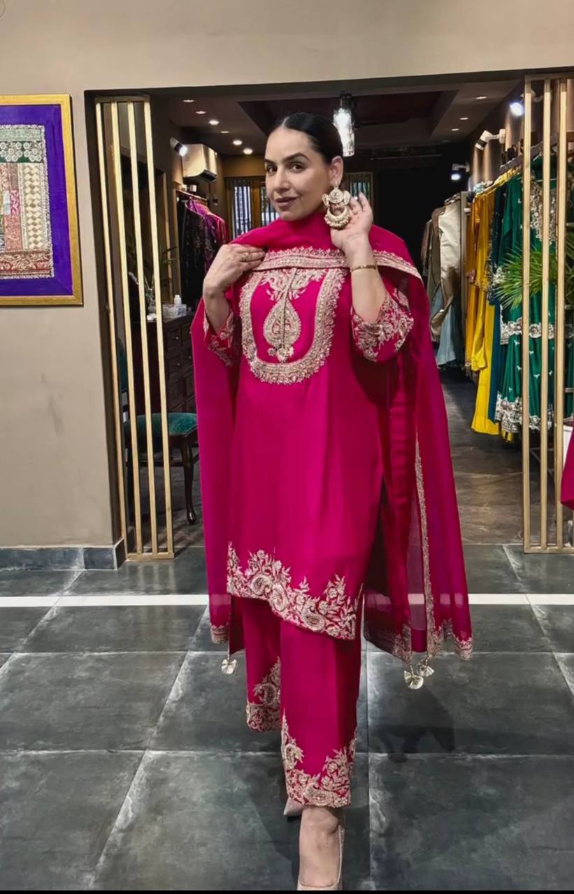 "Elegant Heavy Chinnon Silk Set with Intricate Embroidery & Coding Sequence Work"