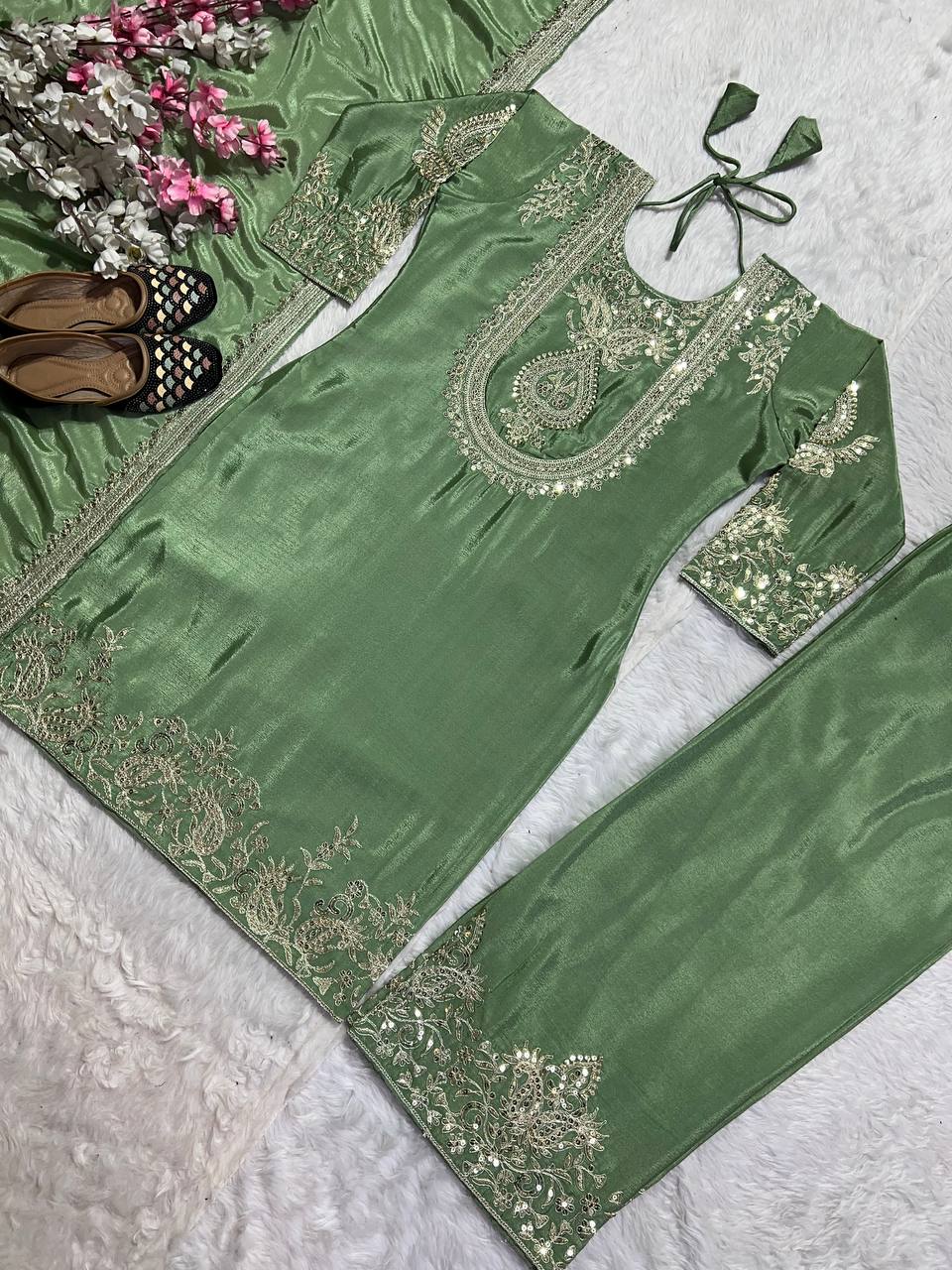 "Elegant Heavy Chinnon Silk Set with Intricate Embroidery & Coding Sequence Work"